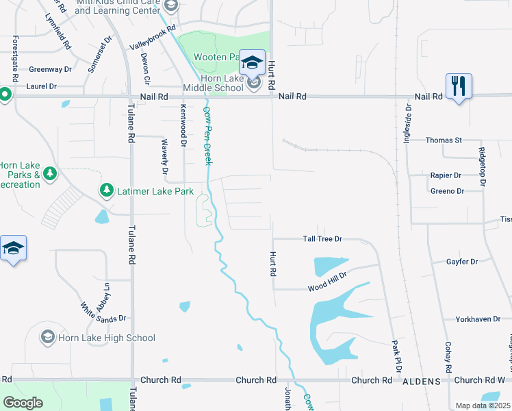 map of restaurants, bars, coffee shops, grocery stores, and more near 2557 Bristol Cove in Horn Lake