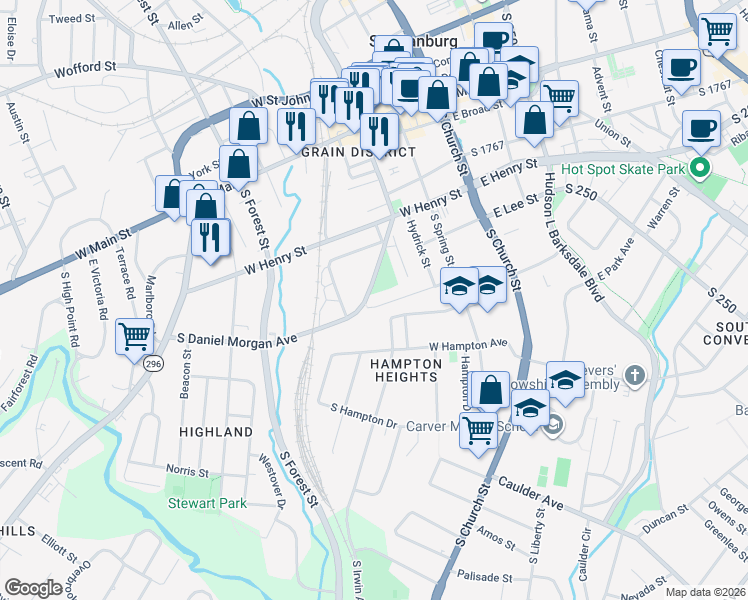 map of restaurants, bars, coffee shops, grocery stores, and more near 270 Carlisle Street in Spartanburg