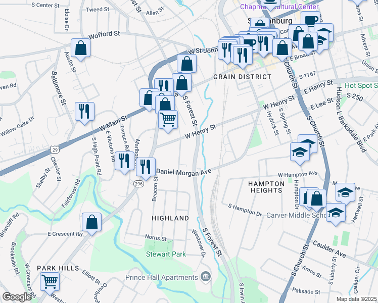 map of restaurants, bars, coffee shops, grocery stores, and more near 399 South Daniel Morgan Avenue in Spartanburg