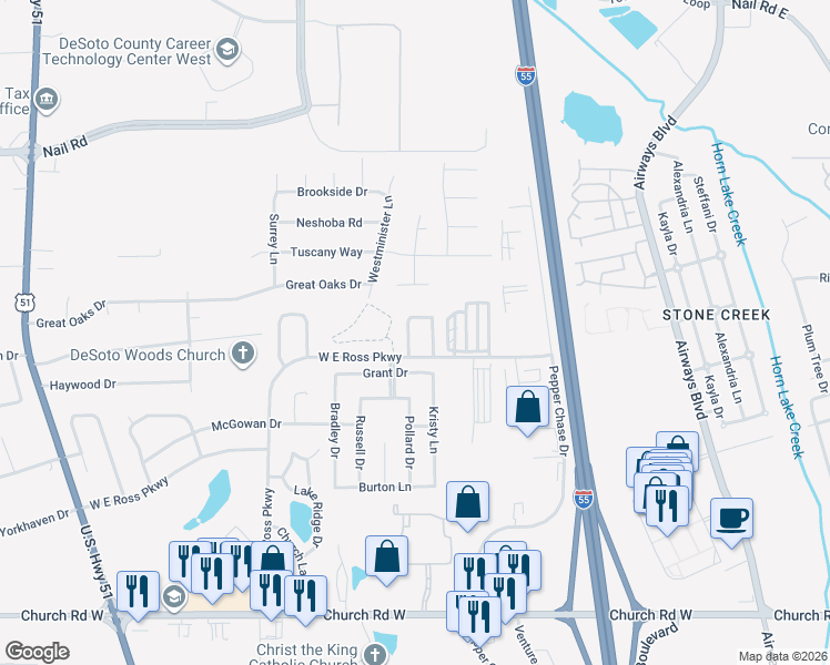 map of restaurants, bars, coffee shops, grocery stores, and more near 5616 Lexy Lane in Southaven