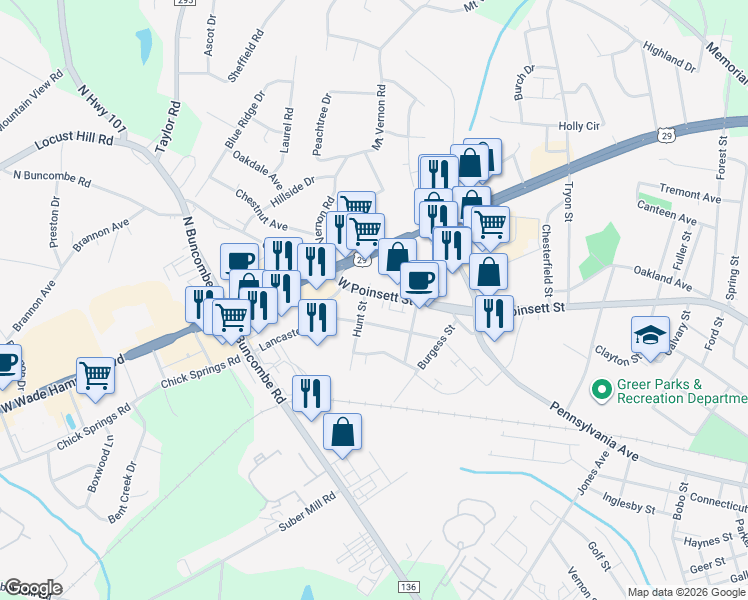 map of restaurants, bars, coffee shops, grocery stores, and more near 1317D West Poinsett Street in Greer