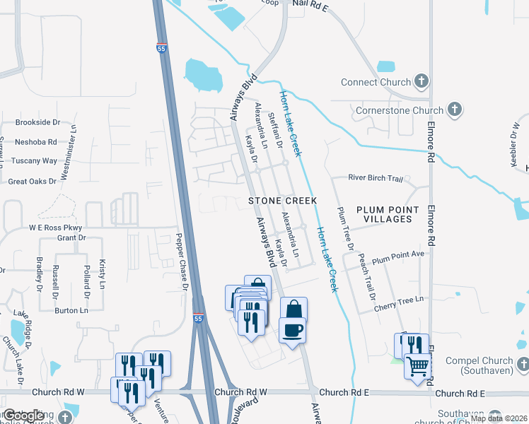 map of restaurants, bars, coffee shops, grocery stores, and more near 5621 Kayla Drive in Southaven