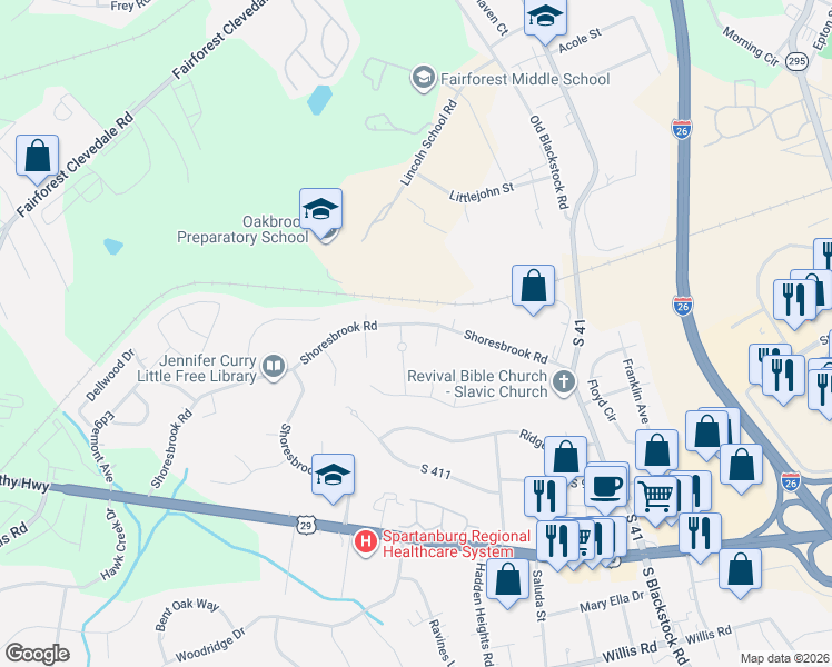 map of restaurants, bars, coffee shops, grocery stores, and more near 1210 Shoresbrook Road in Spartanburg