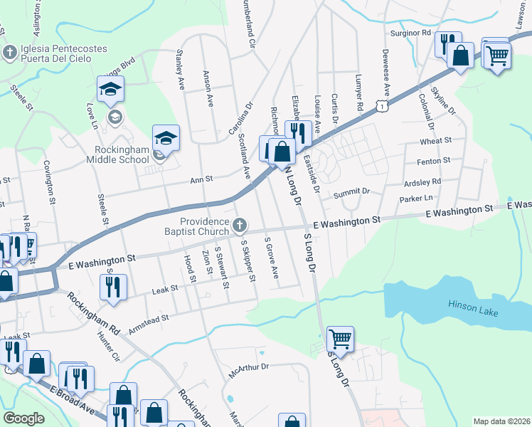map of restaurants, bars, coffee shops, grocery stores, and more near 109 North Brookwood Avenue in Rockingham