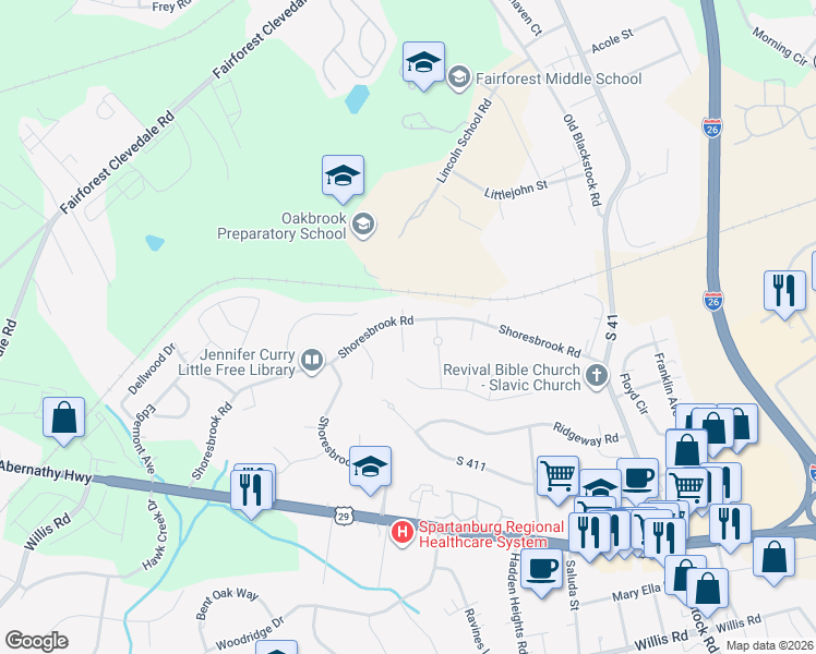 map of restaurants, bars, coffee shops, grocery stores, and more near 100 Afton Drive in Spartanburg