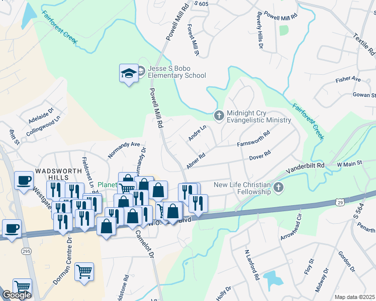 map of restaurants, bars, coffee shops, grocery stores, and more near 614 Andre Court in Spartanburg