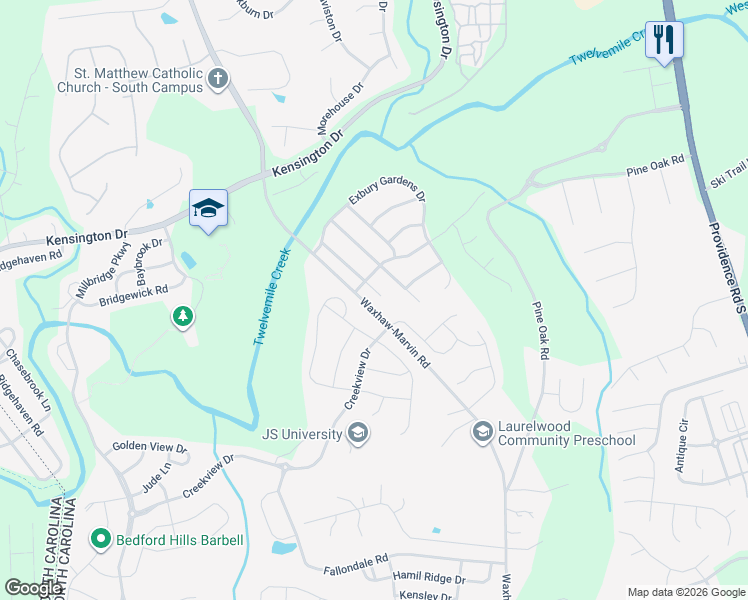 map of restaurants, bars, coffee shops, grocery stores, and more near 4406 Overbecks Lane in Waxhaw