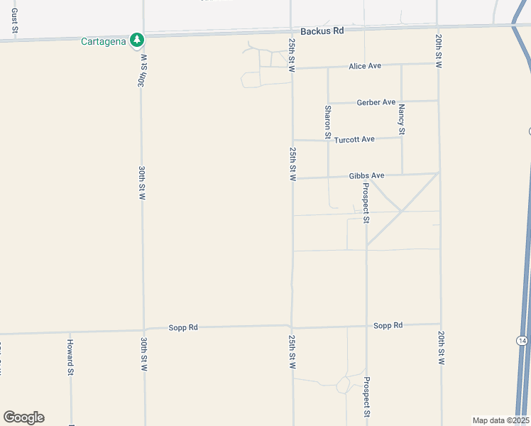 map of restaurants, bars, coffee shops, grocery stores, and more near 25th Street West in Mojave
