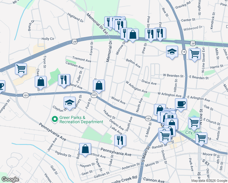 map of restaurants, bars, coffee shops, grocery stores, and more near 103 Jackson Street in Greer