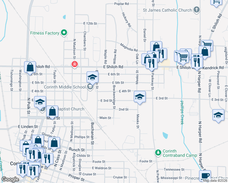 map of restaurants, bars, coffee shops, grocery stores, and more near 1400 East 4th Street in Corinth