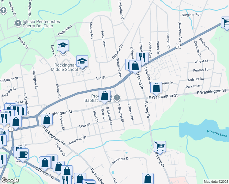 map of restaurants, bars, coffee shops, grocery stores, and more near 1104 Allen Street in Rockingham