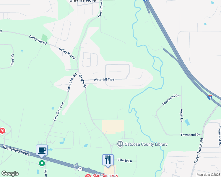 map of restaurants, bars, coffee shops, grocery stores, and more near 60 Big Creek Lane in Ringgold