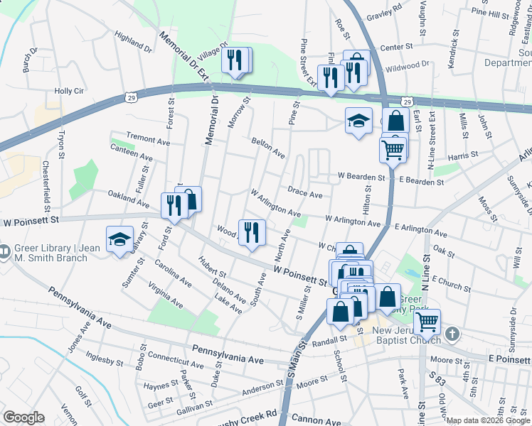 map of restaurants, bars, coffee shops, grocery stores, and more near 405 West Arlington Avenue in Greer