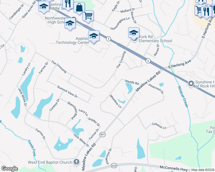 map of restaurants, bars, coffee shops, grocery stores, and more near 1409 The Crossing in Rock Hill