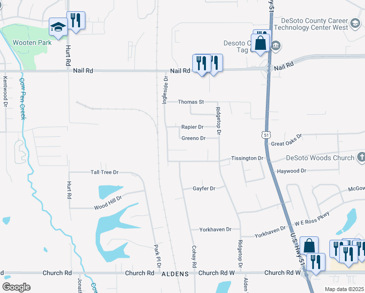 map of restaurants, bars, coffee shops, grocery stores, and more near 1940 Ingleside Cove in Horn Lake