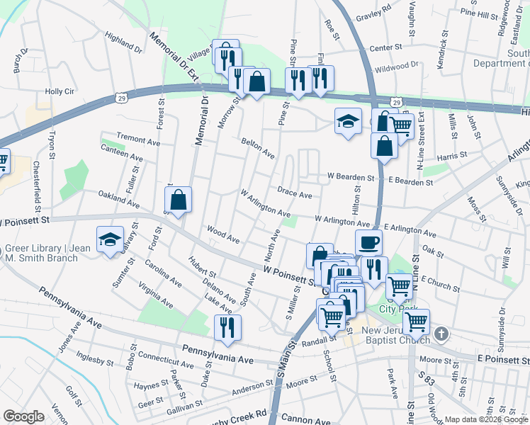 map of restaurants, bars, coffee shops, grocery stores, and more near 405 West Arlington Avenue in Greer