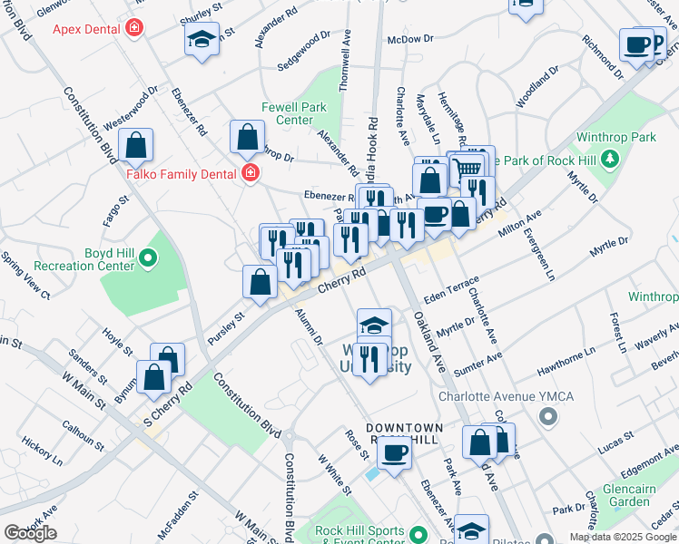 map of restaurants, bars, coffee shops, grocery stores, and more near 303 Cherry Road in Rock Hill