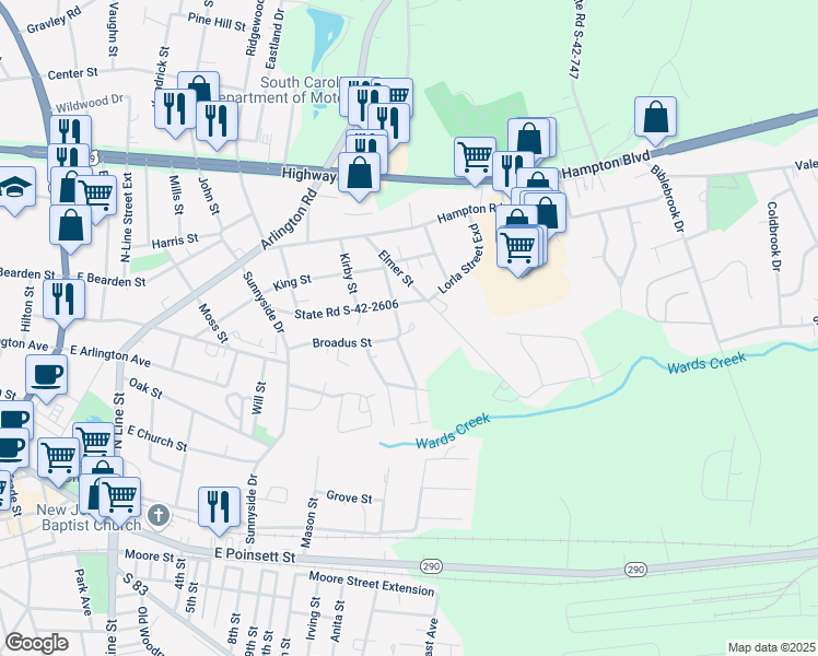 map of restaurants, bars, coffee shops, grocery stores, and more near 209 Morgan Street in Greer