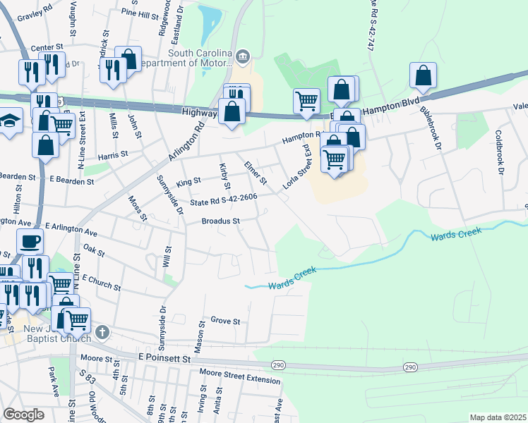 map of restaurants, bars, coffee shops, grocery stores, and more near 209 Morgan Street in Greer