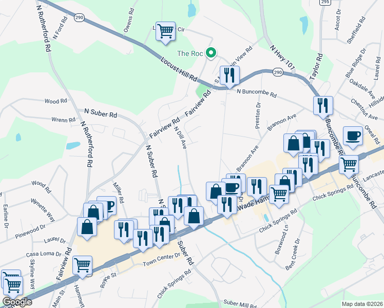 map of restaurants, bars, coffee shops, grocery stores, and more near 242 North Dill Avenue in Greer
