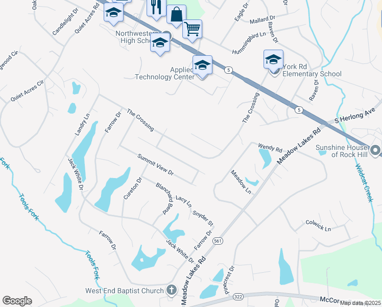 map of restaurants, bars, coffee shops, grocery stores, and more near 1487 The Crossing in Rock Hill