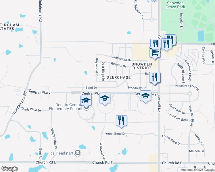 map of restaurants, bars, coffee shops, grocery stores, and more near 2584 Baird Drive in Southaven