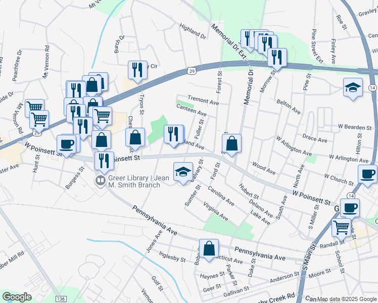 map of restaurants, bars, coffee shops, grocery stores, and more near 818 West Poinsett Street in Greer