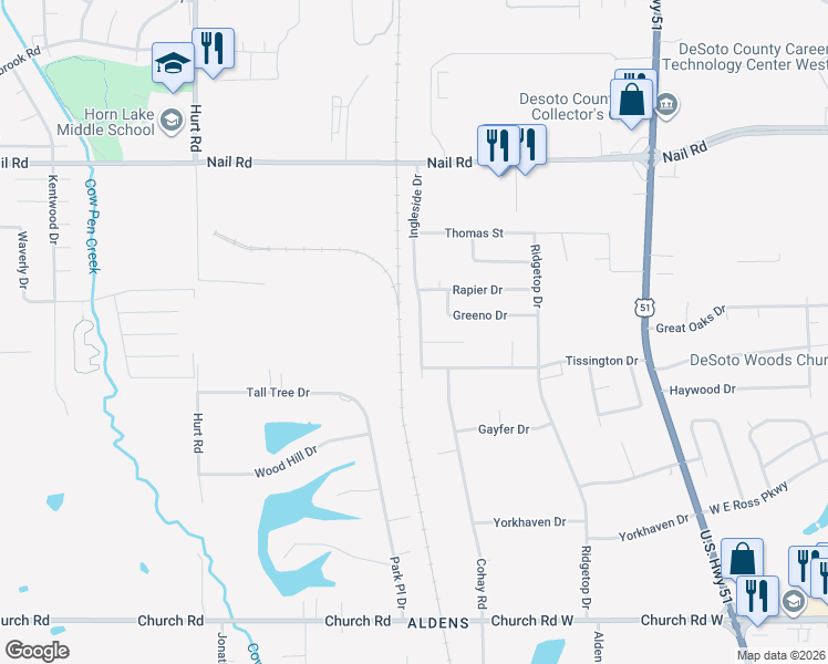 map of restaurants, bars, coffee shops, grocery stores, and more near 5629 Ingleside Drive in Horn Lake