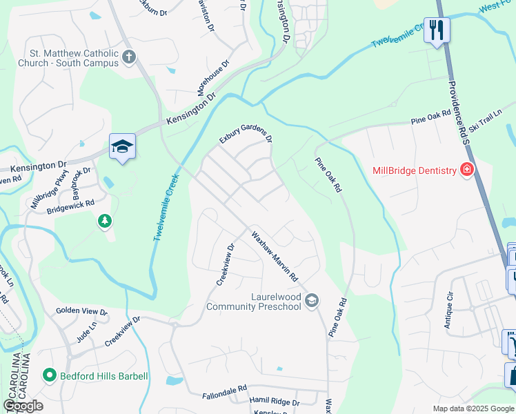 map of restaurants, bars, coffee shops, grocery stores, and more near 4502 Hampstead Heath Drive in Waxhaw