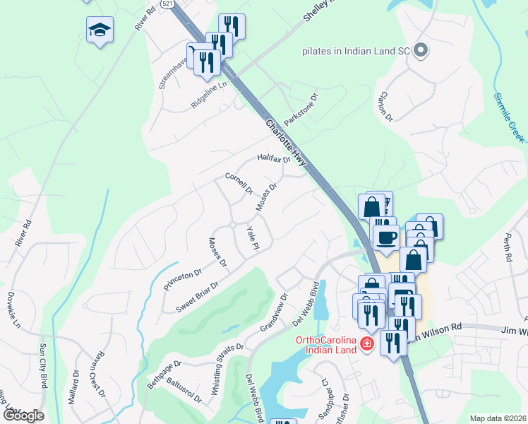 map of restaurants, bars, coffee shops, grocery stores, and more near 487 Moses Drive in Indian Land