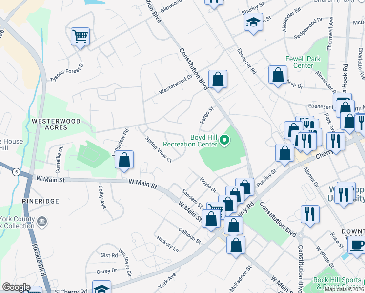 map of restaurants, bars, coffee shops, grocery stores, and more near 1322 Spring View Court in Rock Hill