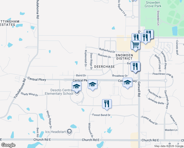 map of restaurants, bars, coffee shops, grocery stores, and more near 2584 Baird Drive in Southaven