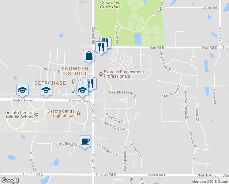 map of restaurants, bars, coffee shops, grocery stores, and more near 3167 Pinetree Loop North in Southaven