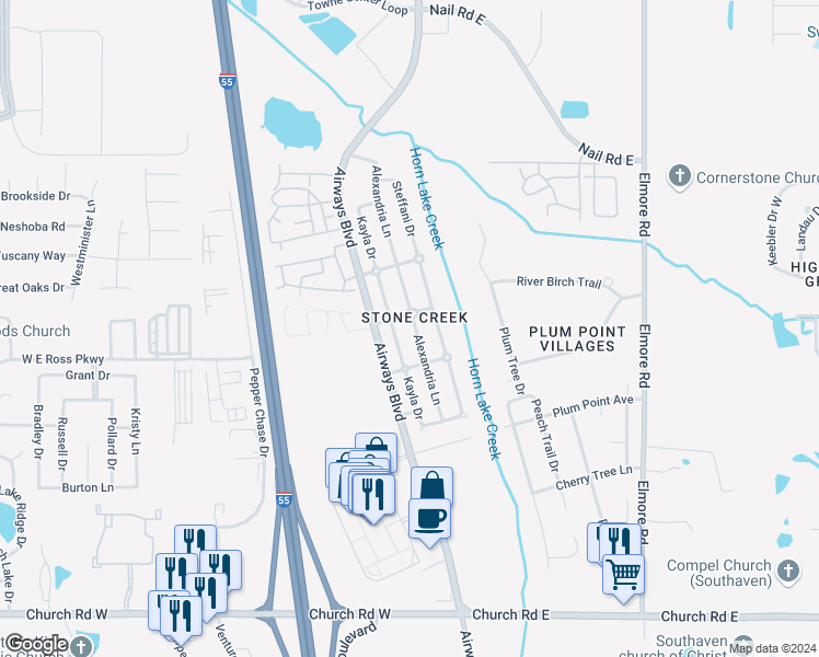 map of restaurants, bars, coffee shops, grocery stores, and more near 5635 Alexandria Lane in Southaven