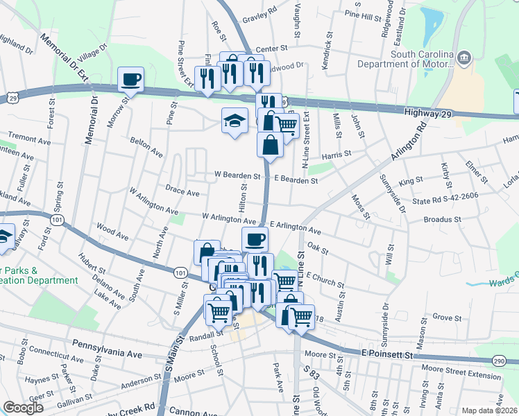 map of restaurants, bars, coffee shops, grocery stores, and more near 104 West Arlington Avenue in Greer