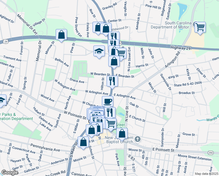 map of restaurants, bars, coffee shops, grocery stores, and more near 305 North Main Street in Greer