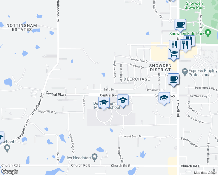 map of restaurants, bars, coffee shops, grocery stores, and more near 2442 Baird Drive in Southaven