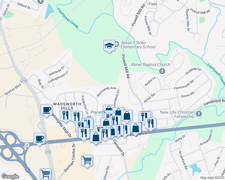 map of restaurants, bars, coffee shops, grocery stores, and more near 118 Normandy Avenue in Spartanburg