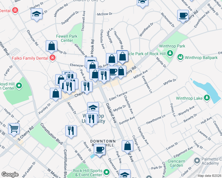 map of restaurants, bars, coffee shops, grocery stores, and more near 920 Oakland Avenue in Rock Hill