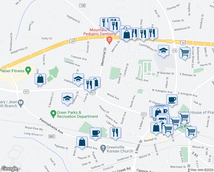 map of restaurants, bars, coffee shops, grocery stores, and more near 112 Morrow Street in Greer