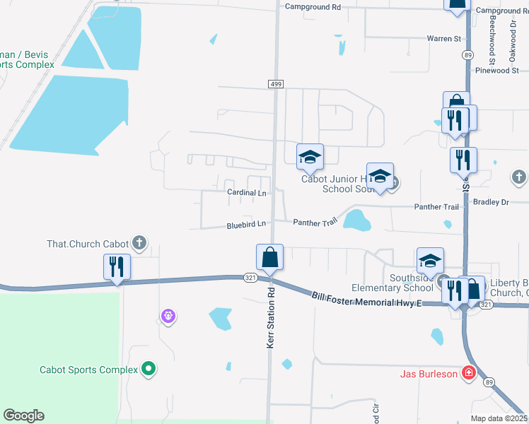 map of restaurants, bars, coffee shops, grocery stores, and more near 2710 Kerr Station Road in Cabot
