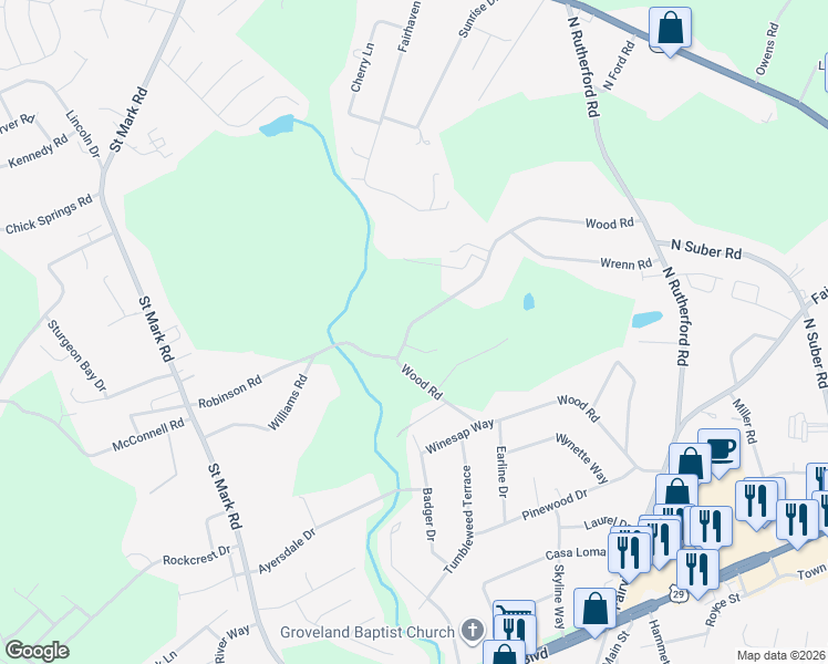 map of restaurants, bars, coffee shops, grocery stores, and more near 133 Robinson Road in Taylors
