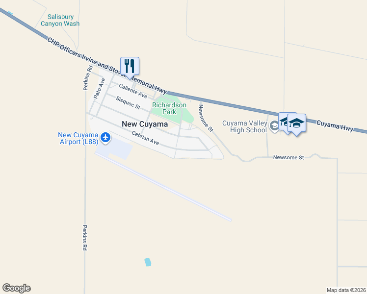 map of restaurants, bars, coffee shops, grocery stores, and more near 4684 Cebrian Avenue in New Cuyama