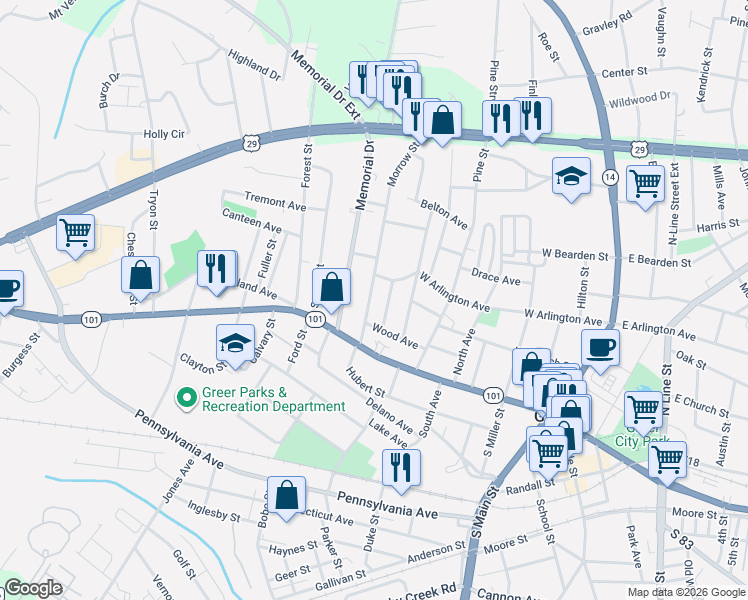 map of restaurants, bars, coffee shops, grocery stores, and more near 103 Jackson Street in Greer