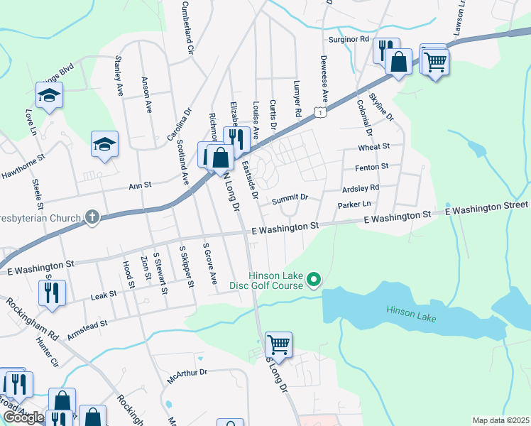 map of restaurants, bars, coffee shops, grocery stores, and more near 212 Eastside Drive in Rockingham