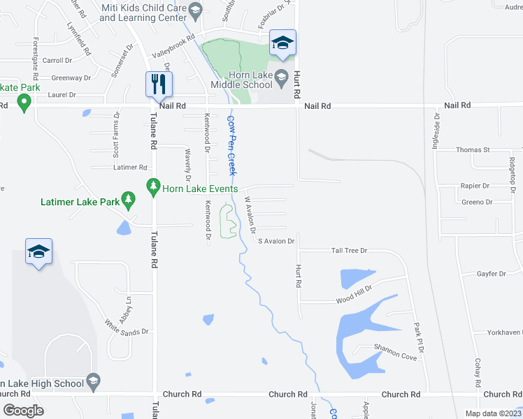 map of restaurants, bars, coffee shops, grocery stores, and more near 2636 Bristol Cove in Horn Lake