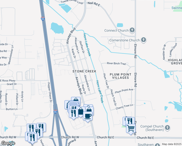 map of restaurants, bars, coffee shops, grocery stores, and more near 5636 Steffani Drive in Southaven