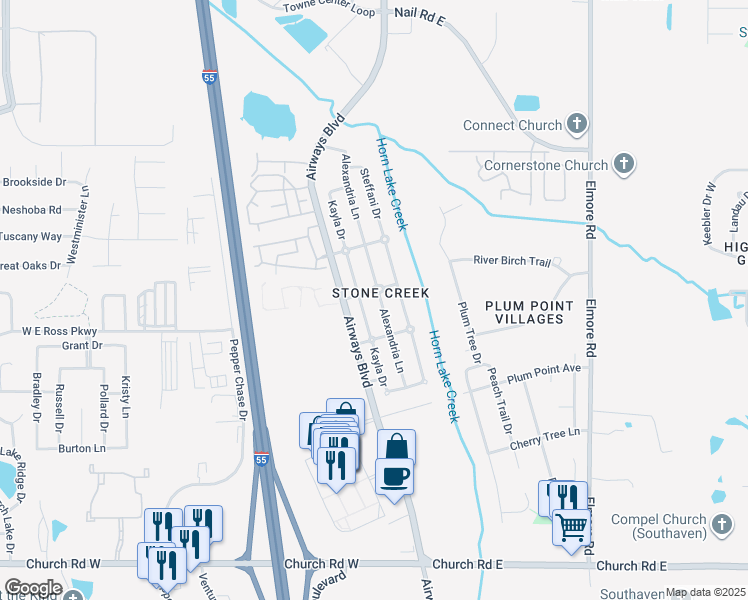 map of restaurants, bars, coffee shops, grocery stores, and more near 5643 Alexandria Lane in Southaven