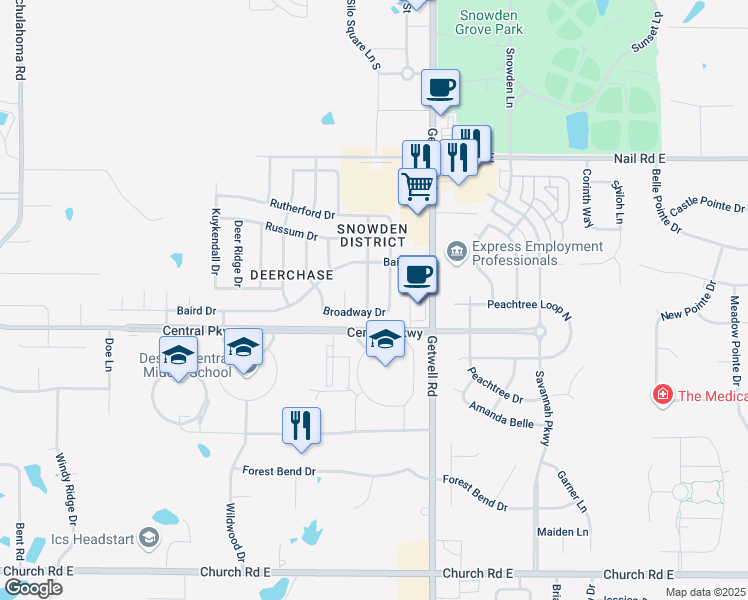 map of restaurants, bars, coffee shops, grocery stores, and more near 5650 Carter Drive in Southaven