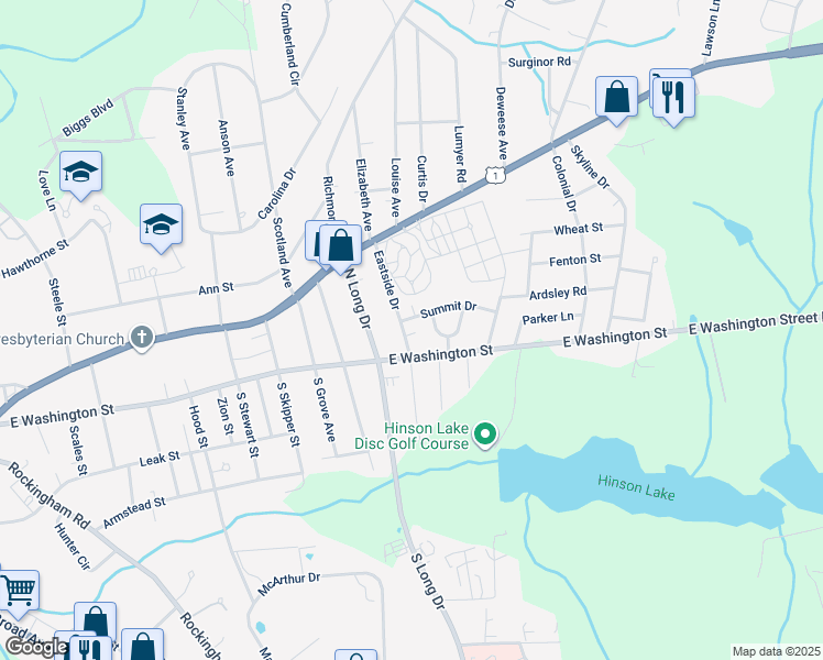 map of restaurants, bars, coffee shops, grocery stores, and more near 212 Eastside Drive in Rockingham